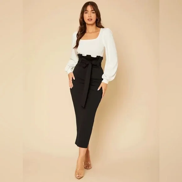 SHEIN Black Midi Pencil Skirt with Tie Front - Picture 4 of 10